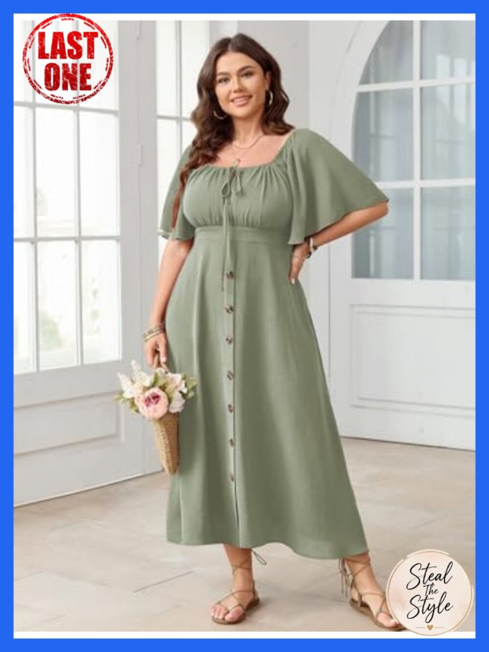 Sage Green Boho Plus Size Maxi Dress Square Neck Bell Sleeve Smocked Back Tie - Picture 4 of 6